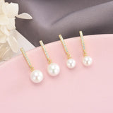925 Silver Pearl Zircon Drop Earrings Wedding 6-8mm