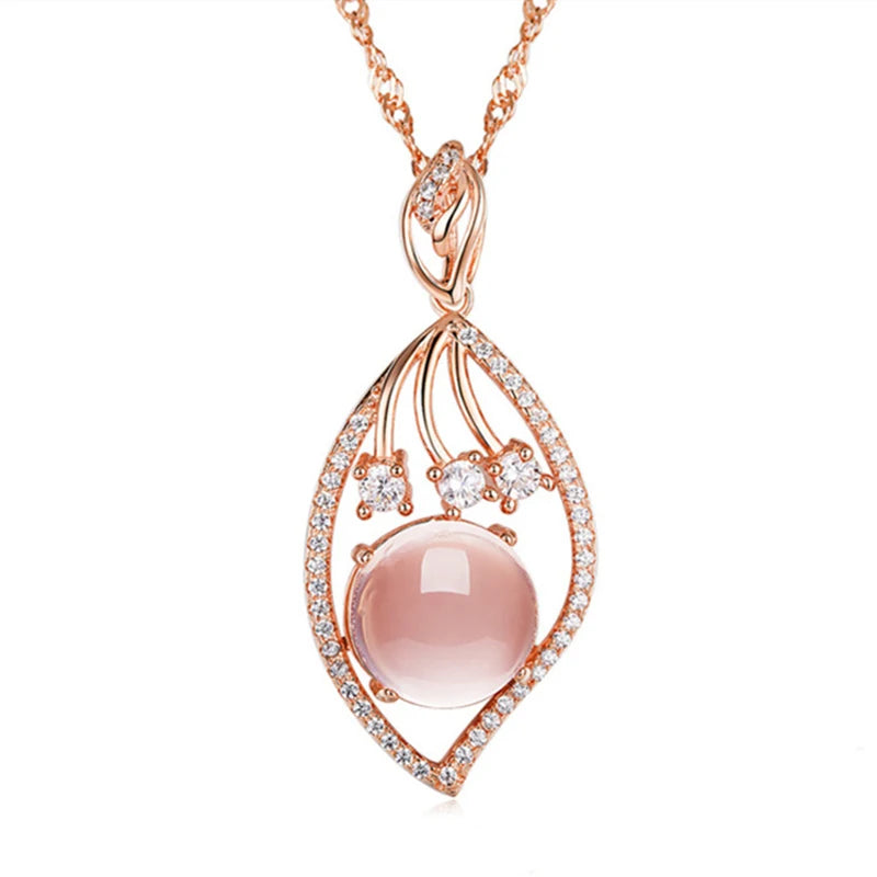 925 Silver Necklace Rose Quartz Zircon Pendant Women Party Gift