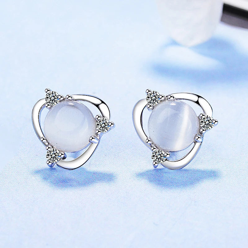 925 Silver Cat Eye Stone Zircon Stud Earrings Wedding Party Gift