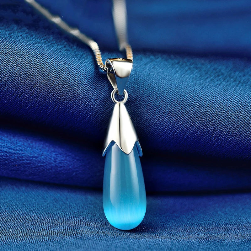 S925 Silver Necklace with Cat Eye Stone Pendant for Wedding Party Gift