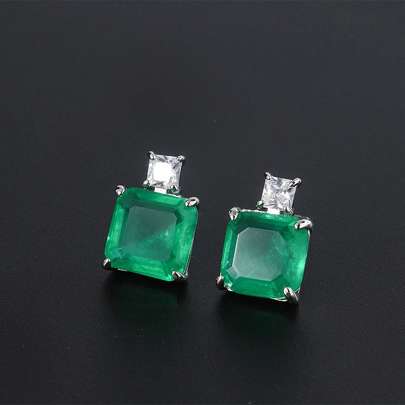 Square Emerald Gemstone Stud Earring 925 Sterling Silver