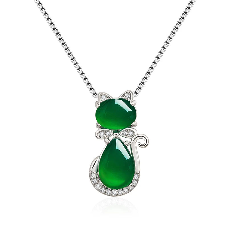 Retro Silver 925 Necklace Cat Shape Emerald Zircon Pendant