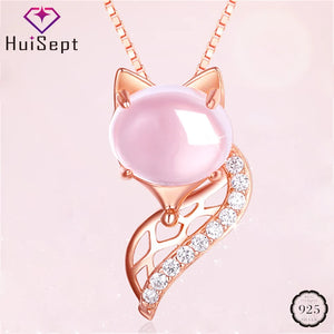925 Silver Necklace Jewelry Rose Pink Rose Quartz Fox Shape Pendant for Female