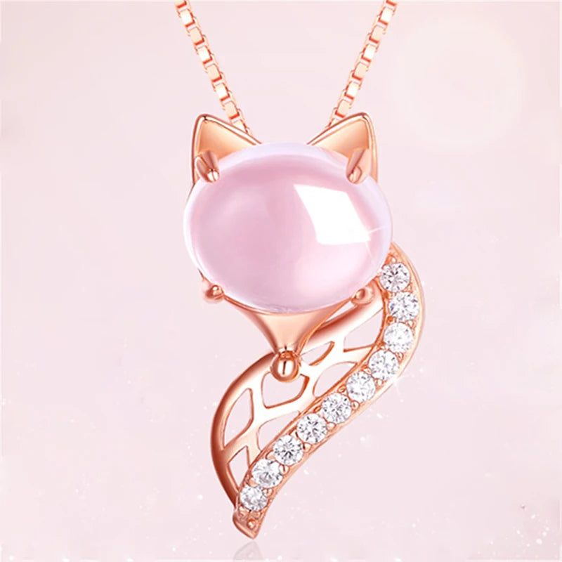 925 Silver Necklace Jewelry Rose Pink Rose Quartz Fox Shape Pendant for Female