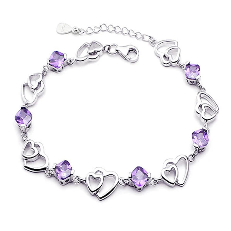 Amethyst Heart Bracelet Silver 925 for Wedding Party