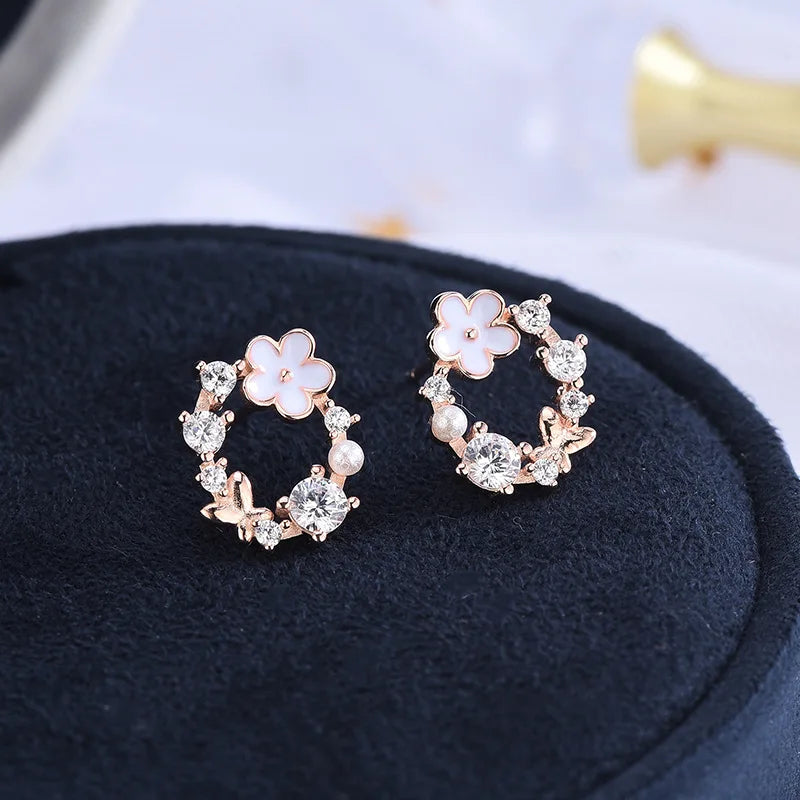925 Silver Pearl Zircon Flower Stud Earrings Wedding