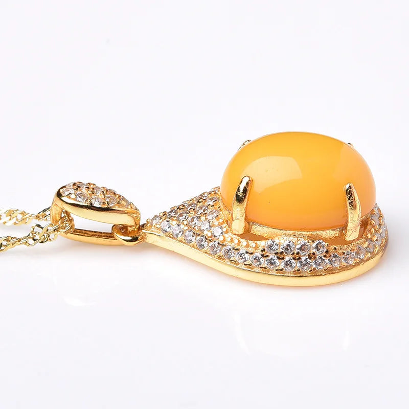 Vintage 925 Silver Necklace Amber Gemstone Pendant Ethnic Style Jewelry Wedding