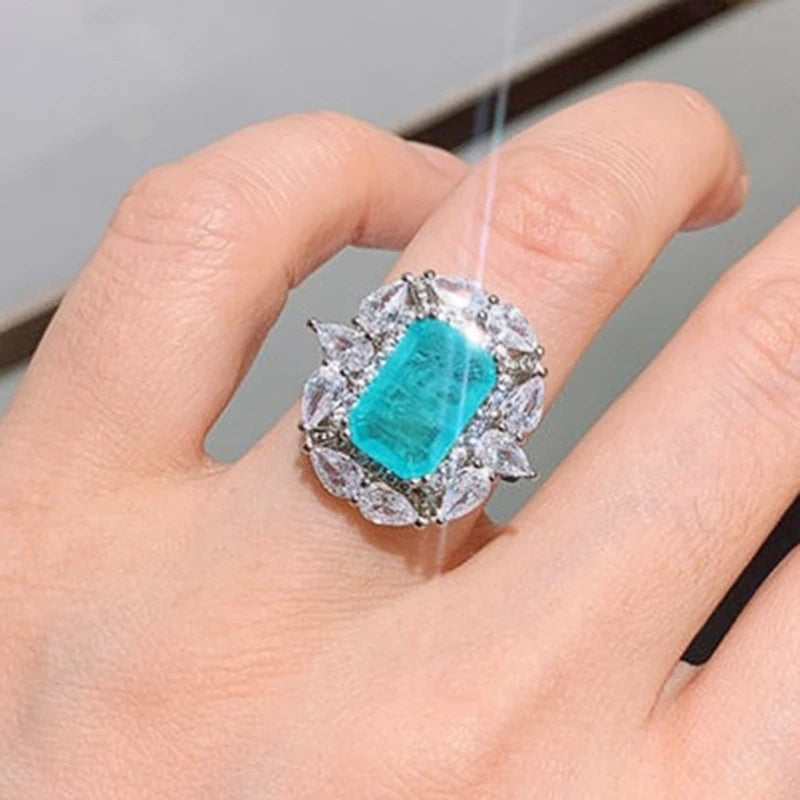 Blue-Green CZ Ring Silver Band Wedding Jewelry
