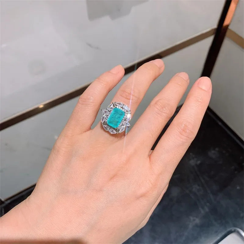 Blue-Green CZ Ring Silver Band Wedding Jewelry