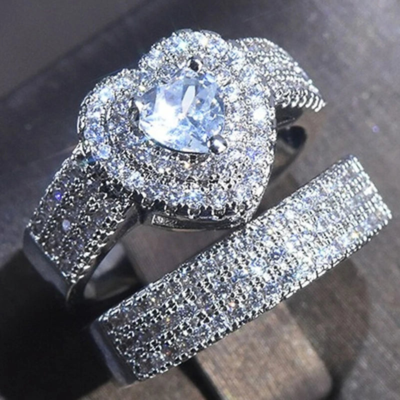 Double Set Heart Rings Women CZ Ring Jewelry