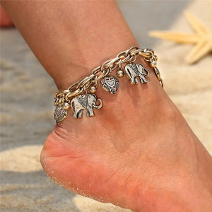 Boho Elephant Chain Ankle Anklets for Women Silver/Gold Heart Charms Bracelet