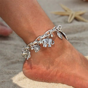 Boho Elephant Chain Ankle Anklets for Women Silver/Gold Heart Charms Bracelet