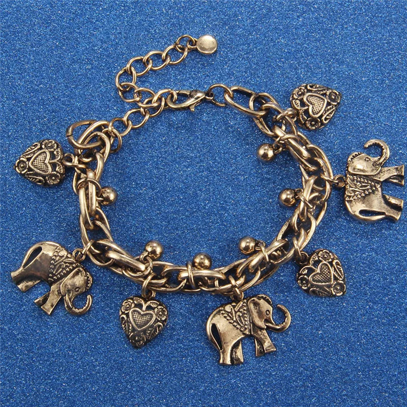 Boho Elephant Chain Ankle Anklets for Women Silver/Gold Heart Charms Bracelet
