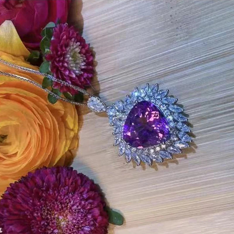 Purple Cubic Zirconia Love Pendant Necklace for Anniversary