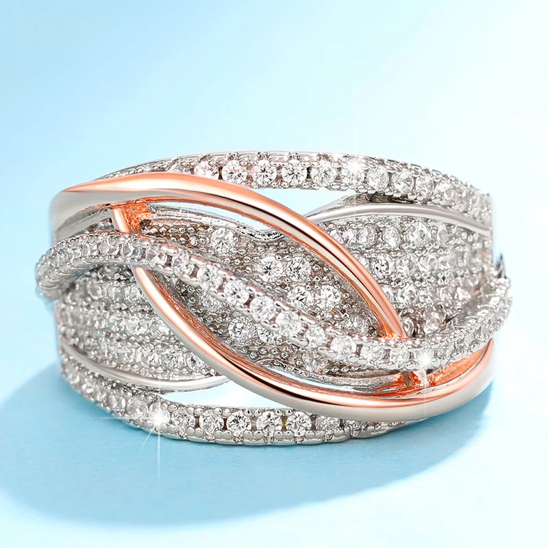 Two Tone Metal CZ Woman Ring Wedding Jewelry