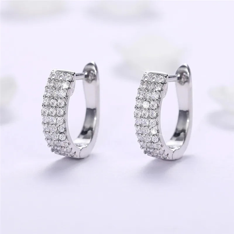 Silver U-Shaped Hoop Earrings with Crystal CZ Stone