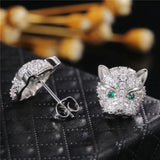 Leopard Head Stud Earrings Green Eyes CZ Stone Classic Animal Jewelry