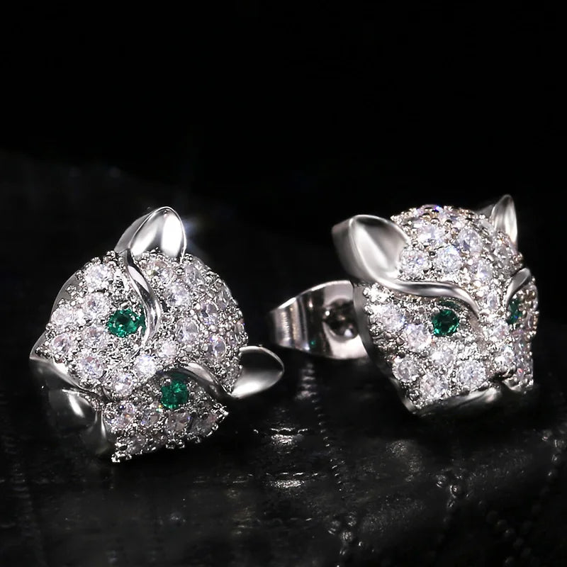 Leopard Head Stud Earrings Green Eyes CZ Stone Classic Animal Jewelry