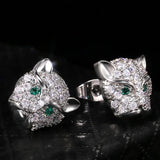 Leopard Head Stud Earrings Green Eyes CZ Stone Classic Animal Jewelry