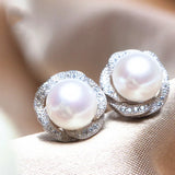 CZ Flower Shape Pearl Stud Earrings Wedding Jewelry