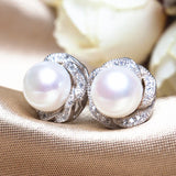 CZ Flower Shape Pearl Stud Earrings Wedding Jewelry