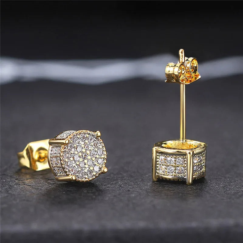 Round Stud Earrings CZ Stone Silver/Gold Women's Ear Jewelry
