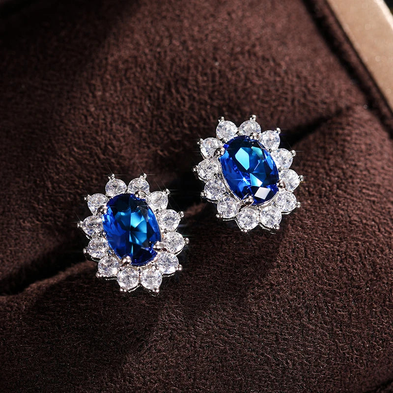 Sunflower Stud Earrings with Oval Cubic Zirconia