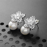 Flower Simulated Pearl Earrings w/ CZ Drop Earrings Female Accessory