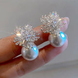 Flower Simulated Pearl Earrings w/ CZ Drop Earrings Female Accessory