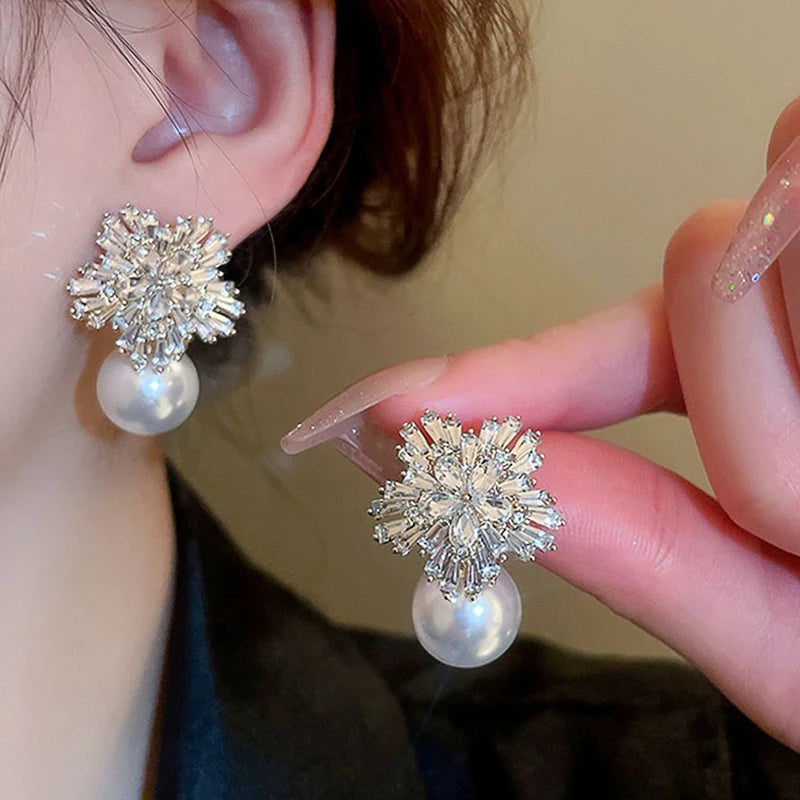 Flower Simulated Pearl Earrings w/ CZ Drop Earrings Female Accessory