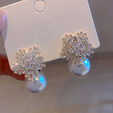 Flower Simulated Pearl Earrings w/ CZ Drop Earrings Female Accessory