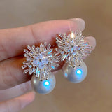 Flower Simulated Pearl Earrings w/ CZ Drop Earrings Female Accessory