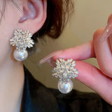 Flower Simulated Pearl Earrings w/ CZ Drop Earrings Female Accessory