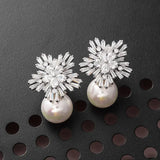 Flower Simulated Pearl Earrings w/ CZ Drop Earrings Female Accessory