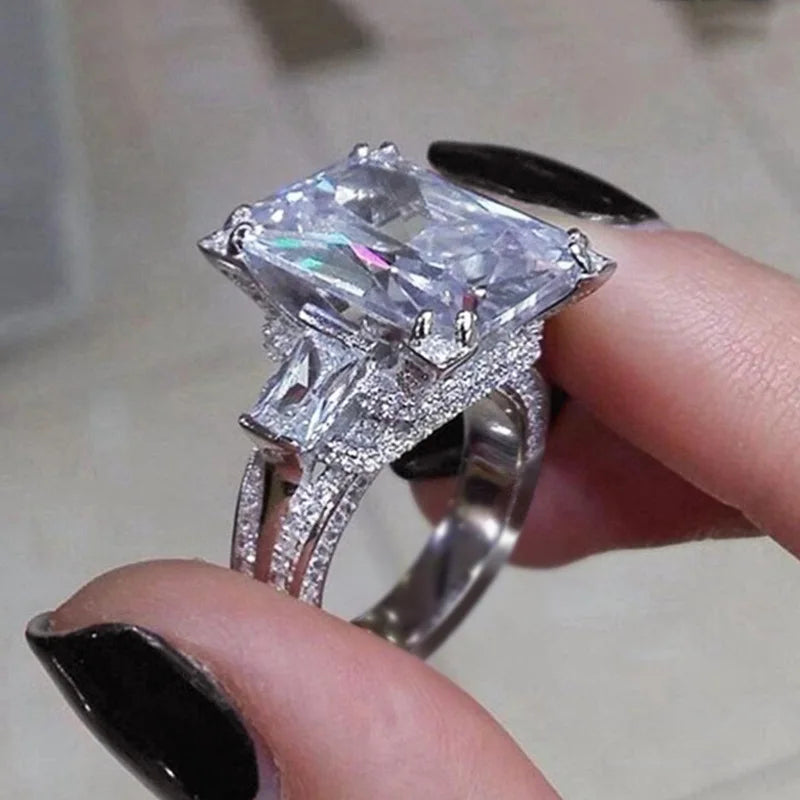 Big Square CZ Wedding Rings for Women, Silver Plated Engagement Jewelry