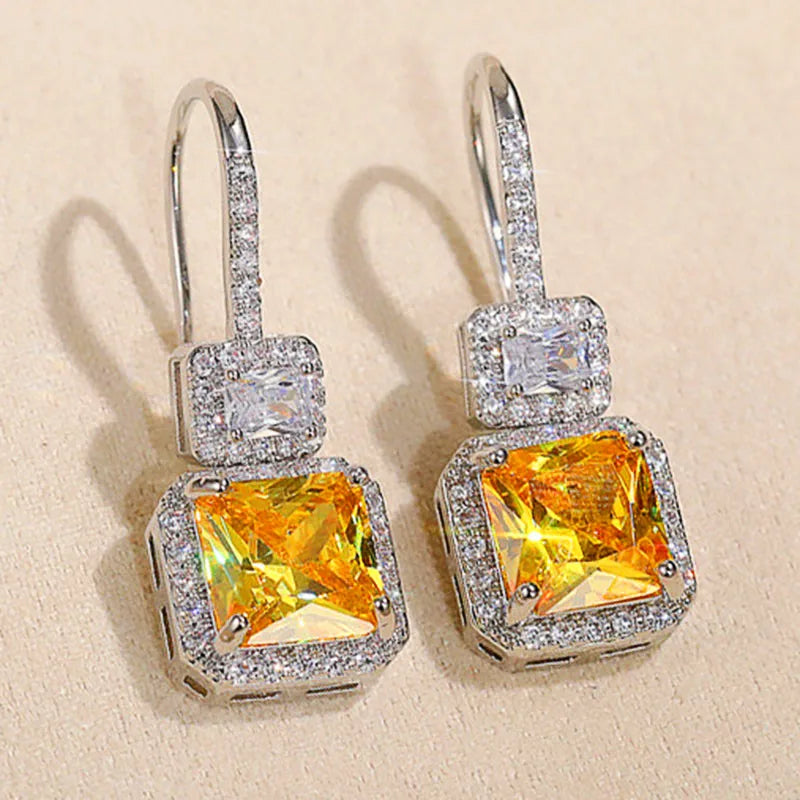 Princess Square Yellow CZ Drop Earrings Wedding Jewelry