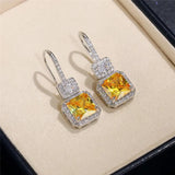 Princess Square Yellow CZ Drop Earrings Wedding Jewelry