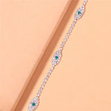 Green Eye Chain Anklet Bracelet Silver Crystal CZ Women's Foot Accessories