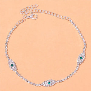 Green Eye Chain Anklet Bracelet Silver Crystal CZ Women's Foot Accessories