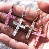 Fashionable Pink/White CZ Cross Necklace for Women