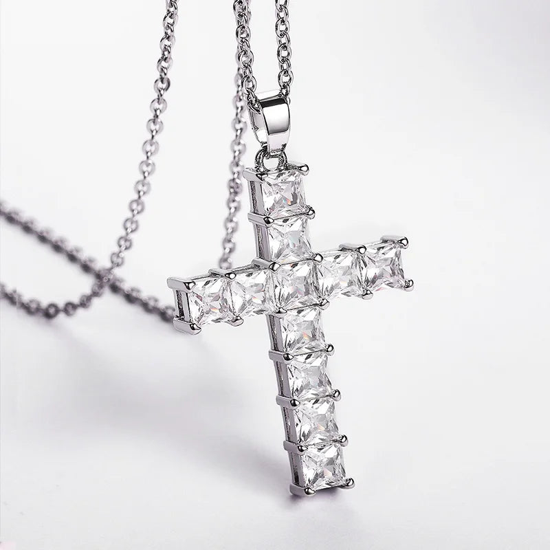 Fashionable Pink/White CZ Cross Necklace for Women