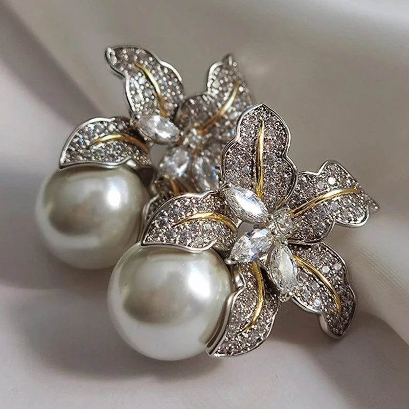 Two Tone Flower Simulated Pearl Earrings for Women Lady's Ear Accessories