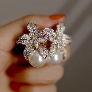 Two Tone Flower Simulated Pearl Earrings for Women Lady's Ear Accessories