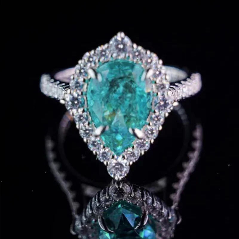 Blue-green CZ Pear Shape Ring for Women