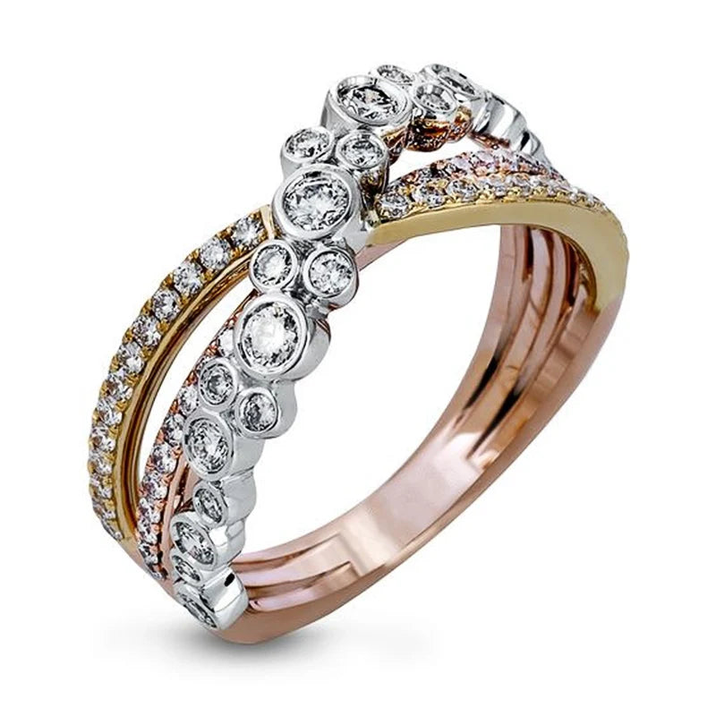 3-Tone Women's Wedding Ring with CZ Fancy Cross - Special Jewelry
