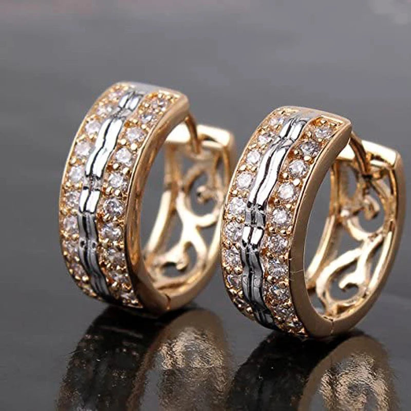 Two Tone Hoop Earrings Micro Paved CZ Female Jewelry