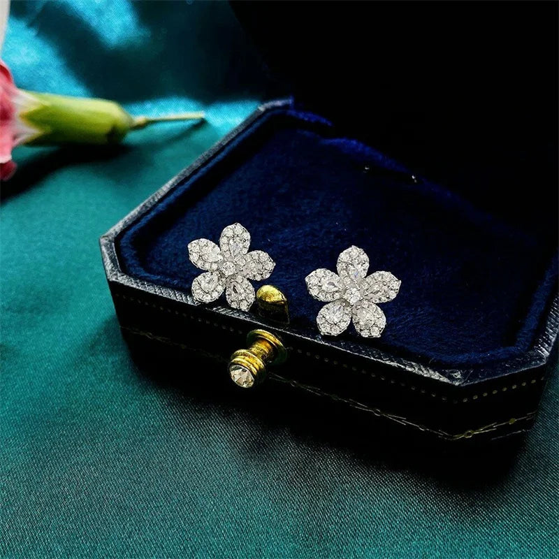Silver CZ Flower Earrings for Women Fancy Ear Accessories