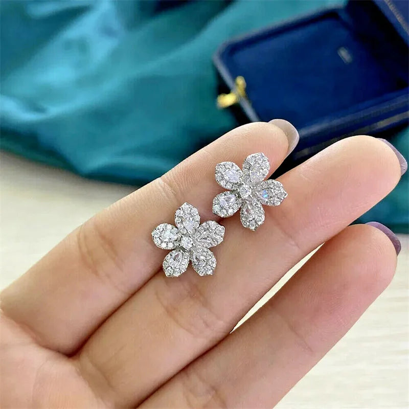 Silver CZ Flower Earrings for Women Fancy Ear Accessories