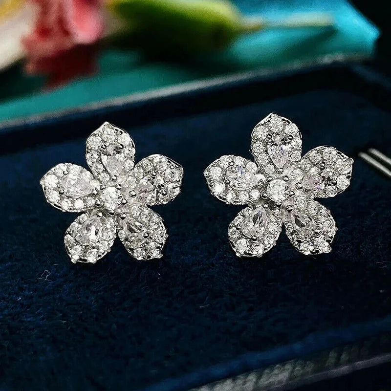 Silver CZ Flower Earrings for Women Fancy Ear Accessories