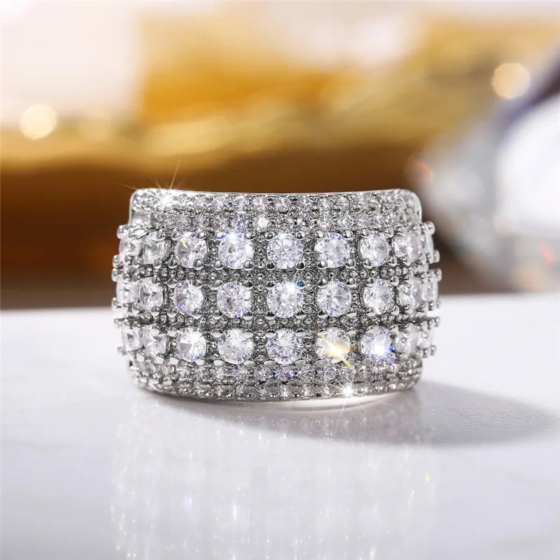 Silver CZ Wide Rings for Women Wedding Engagement Girls Statement Rings